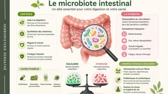 Infographie expliquant le rôle du microbiote intestinal dans la digestion, les causes de la dysbiose et les symptômes d'une mauvaise digestion - Herboristerie Sensathé